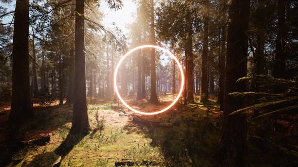 istock Glowing Red Circle Light in the Shady Forest with Sunshine 1380530627