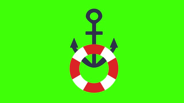 Colorful simple animation of a sea anchor with a red lifebuoy ring isolated on a green screen in 4K