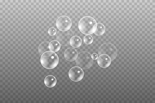 Realistic soap foam or air bubbles in water isolated on transparent background. Stock vector