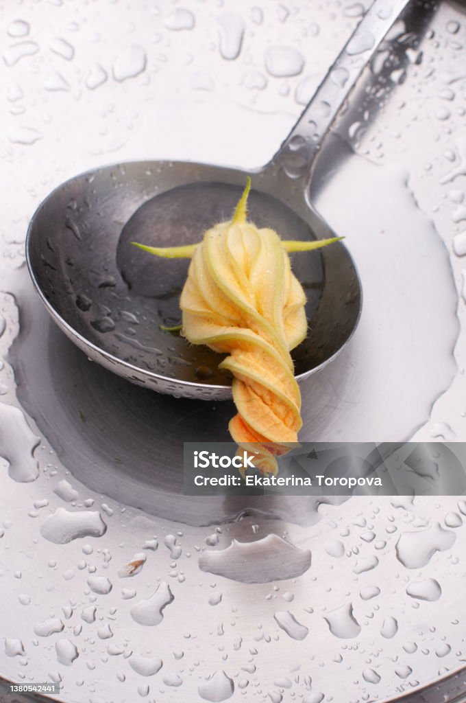 twisted spiral zucchini flower in a steel fin, abstract close foreshortening, minimalisme. twisted spiral zucchini flower in a steel fin, abstract close foreshortening, minimalisme. High quality photo Agriculture Stock Photo