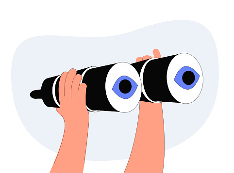 Hand is holds binoculars. Vision, research, observation, discovery and exploration icon concept. Thin line vector illustration on white. Strategic business planning, mission, vision statement. Vector