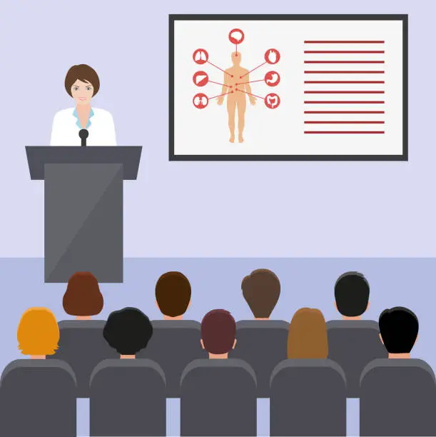 Vector illustration of Medical conference. doctor makes a presentation to the public in the audience