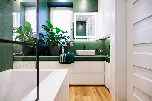 Modern luxury bathroom with green and white tiles. Black faucet. Modern mirror with built-in led illumination. Lacquered drawers. Ceramic wood-like floor tiles.
Canon R5.