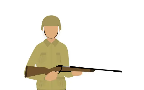 Vector illustration of Senior Female Soldier Pose, Standing guard with a rifle