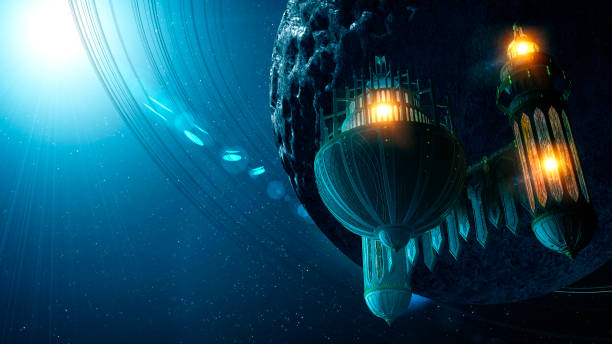 istock Sci-fi structures, other worlds, floating architectural figure. Exoplanets and other galaxies. Alien worlds and stars 1380567304