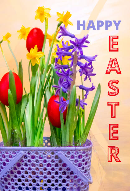 a very peri basket with spring flowers - yellow daffodils and purple hyacinths, and red painted Easter eggs against a yellow wall with hexagons.