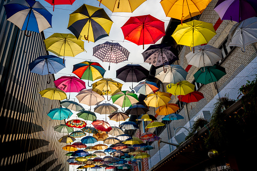Zurich, Switzerland - Nov 22, 2019: Colorful Umbrellas at Gerold Cuchi Restaurant - Zurich, Switzerland