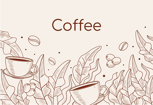 Hand drawn coffee background. Poster with coffee plant, grains, leaves, berries and cup of hot drink. Design element for cafe advertising and product packaging. Cartoon flat vector illustration