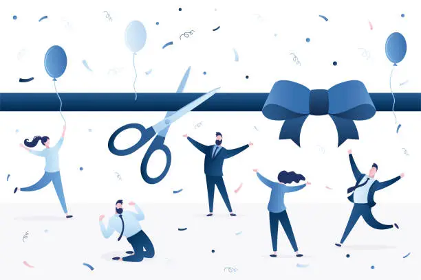 Vector illustration of Ribbon cutting ceremony, huge scissors cut tape. Business people starting new project. Grand opening event party. Startup launching.