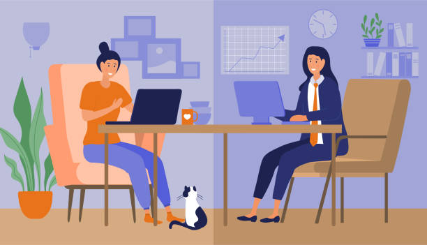 Hybrid work place Hybrid work place. Freelancer versus office worker, remote worker and modern technology. Manager and housewife, girl indoor. Comfortable workplace, home or office. Cartoon flat vector illustration in the middle of nowhere stock illustrations