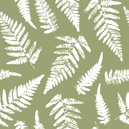 Seamless pattern with fern leaves paint prints on color background
