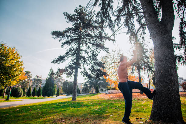 parkour guy randonnée sur l’arbre tout en exerçant le parkour - sportsman tree people recreational pursuit photos et images de collection