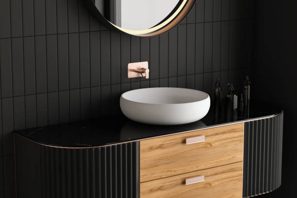 istock Close up modern black bathroom furniture. 1380626049