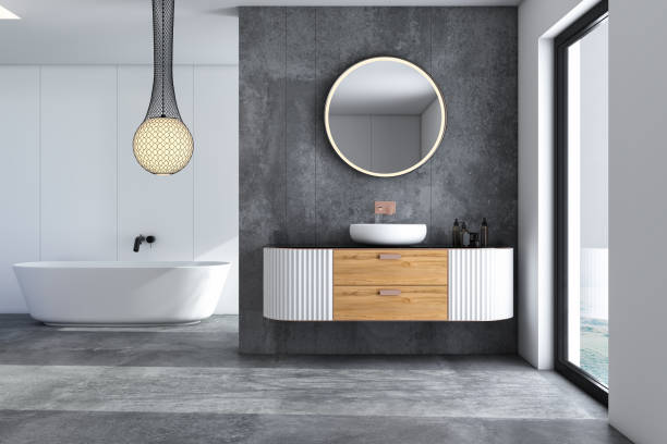 White minimalist bathroom interior stock photo