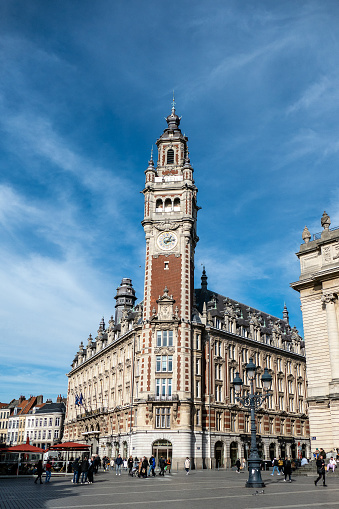 Lille, France, February 28, 2022. The belfry of the Hôtel de ville de Lille, is the tallest civilian belfry in Europe.