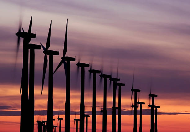 Windmills at dusk stock photo