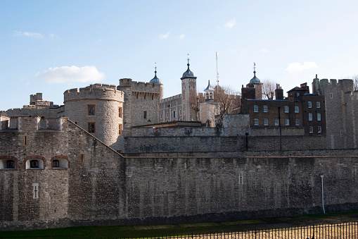 Panoramic view of the Royal Palace and Fortress of the Tower of London, an historic castle on the north bank of the River Thames in central London. United Kingdom