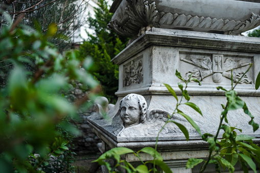 Two marble lions with a lush mane and open mouth stand on a pedestal isolated on a white background and look at each other. Front paws rest on the ball