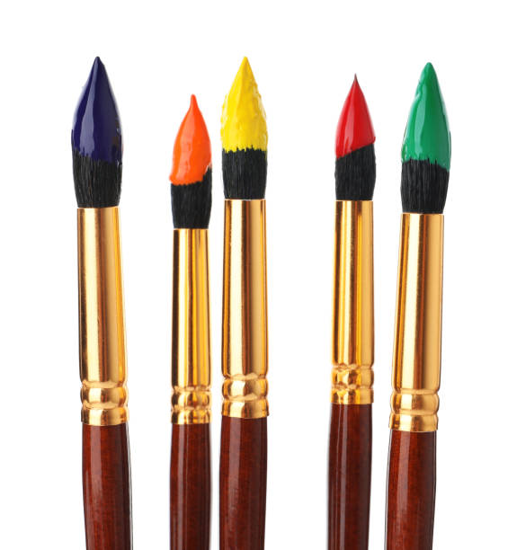 Brushes with colorful paints on white background
