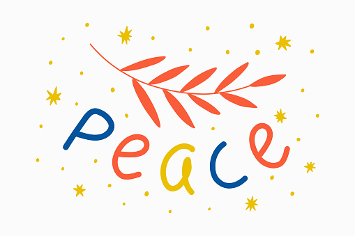Concept pray for peace. Banner with lettering and peace branch. Poster with slogan, no war, world day of peace, equality and love. Hand drawn vector illustration.