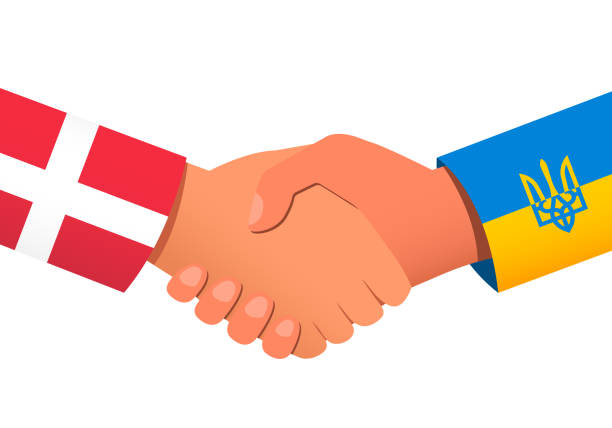 Handshake between Denmark and Ukraine as a symbol of financial or political relations and assistance. Vector illustration EPS 10 Handshake between Denmark and Ukraine as a symbol of financial or political relations and assistance. Vector illustration EPS 10 alliance nebraska stock illustrations