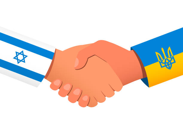 Handshake between Israel and Ukraine as a symbol of financial or political relations and assistance. Vector illustration EPS 10 Handshake between Israel and Ukraine as a symbol of financial or political relations and assistance. Vector illustration EPS 10 alliance nebraska stock illustrations
