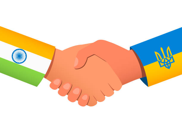 Handshake between India and Ukraine as a symbol of financial or political relations and assistance. Vector illustration EPS 10 Handshake between India and Ukraine as a symbol of financial or political relations and assistance. Vector illustration EPS 10 alliance nebraska stock illustrations