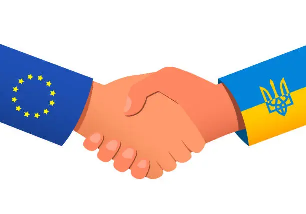 Vector illustration of Handshake between European Union and Ukraine as a symbol of financial or political relations and assistance. Vector illustration EPS 10