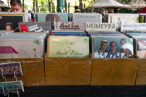 Ankara, Turkey - October 3, 2021: Sale of old records of famous singers in a flea market.
