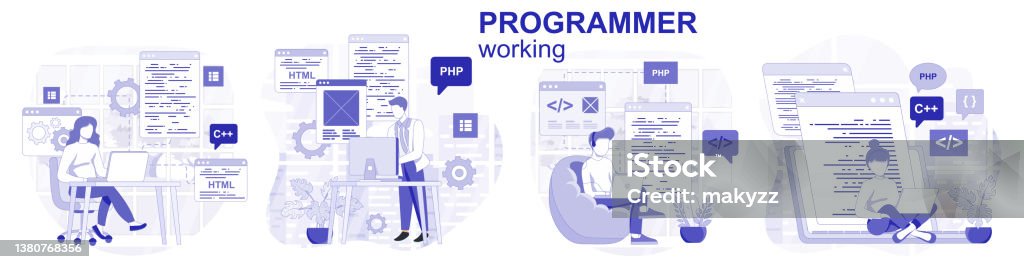 Programmer Working Isolated Set In Flat Design People Programming ...