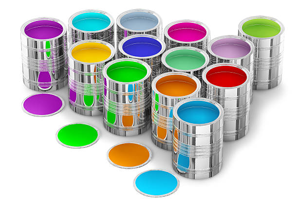Colorful paints in the cans stock photo