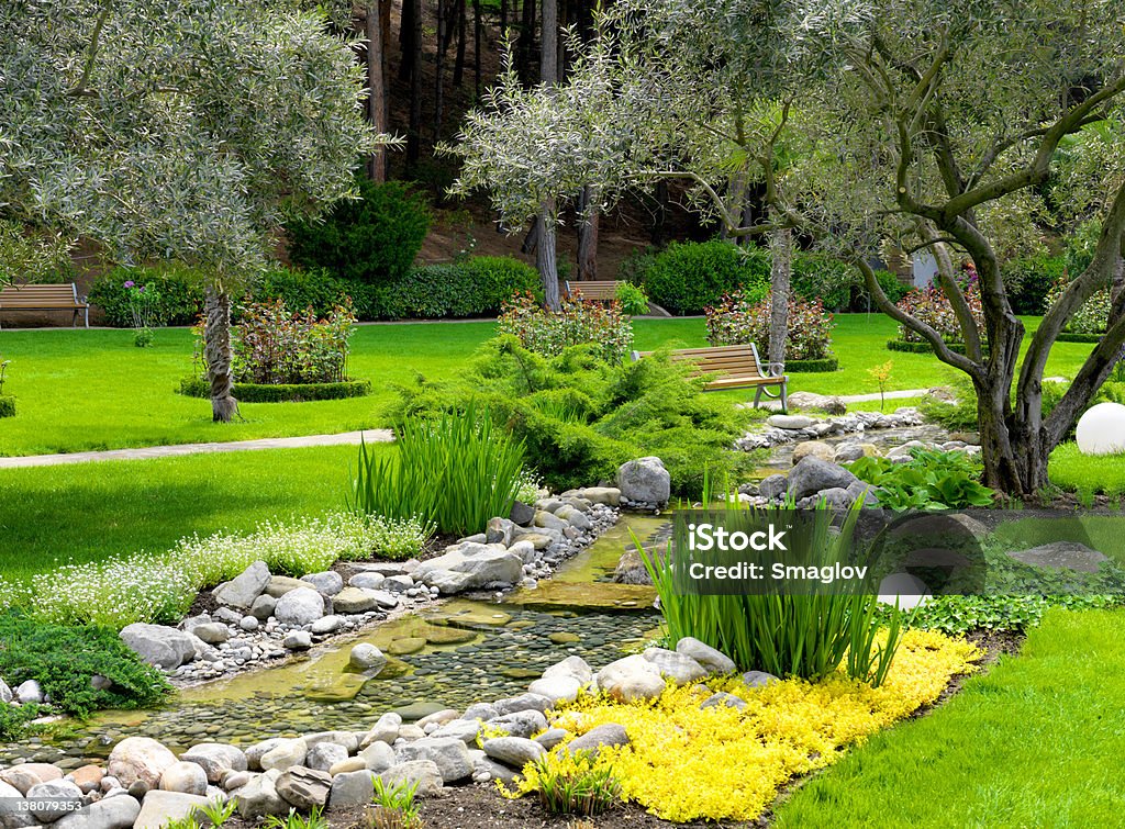 garden with pond in asian style Asia Stock Photo