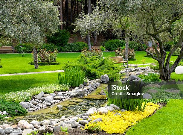 Garden With Pond In Asian Style Stock Photo - Download Image Now - Asia, Decoration, Flower Head