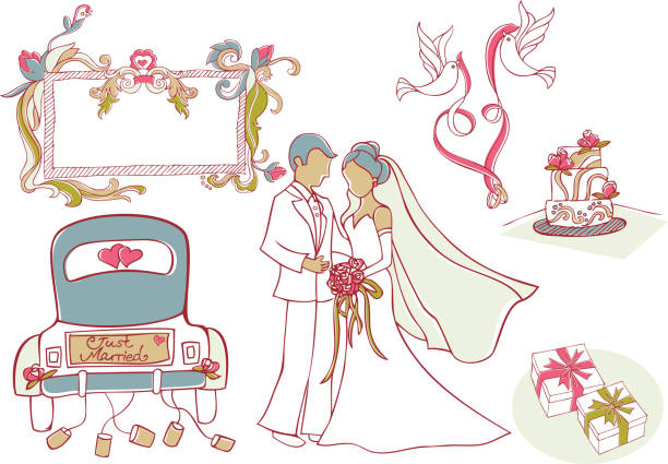 ilustraciones, imágenes clip art, dibujos animados e iconos de stock de elementos de diseño de boda - wedding cake newlywed wedding cake