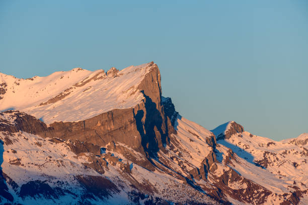 The Chain of Fiz at sunset in Europe, France, Rhone Alpes, Savoy, the Alps, in winter, on a sunny day. stock photo