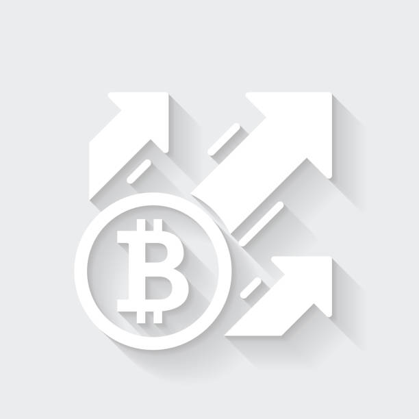 Bitcoin increase. Icon with long shadow on blank background - Flat Design White icon of "Bitcoin increase" in a flat design style isolated on a gray background and with a long shadow effect. Vector Illustration (EPS10, well layered and grouped). Easy to edit, manipulate, resize or colorize. Vector and Jpeg file of different sizes. blockchain clipart stock illustrations