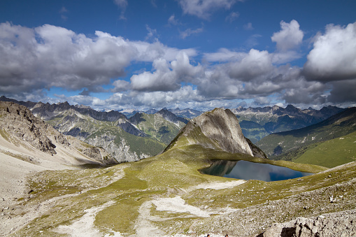panorama view to Lechtal Alps with mountain lake.