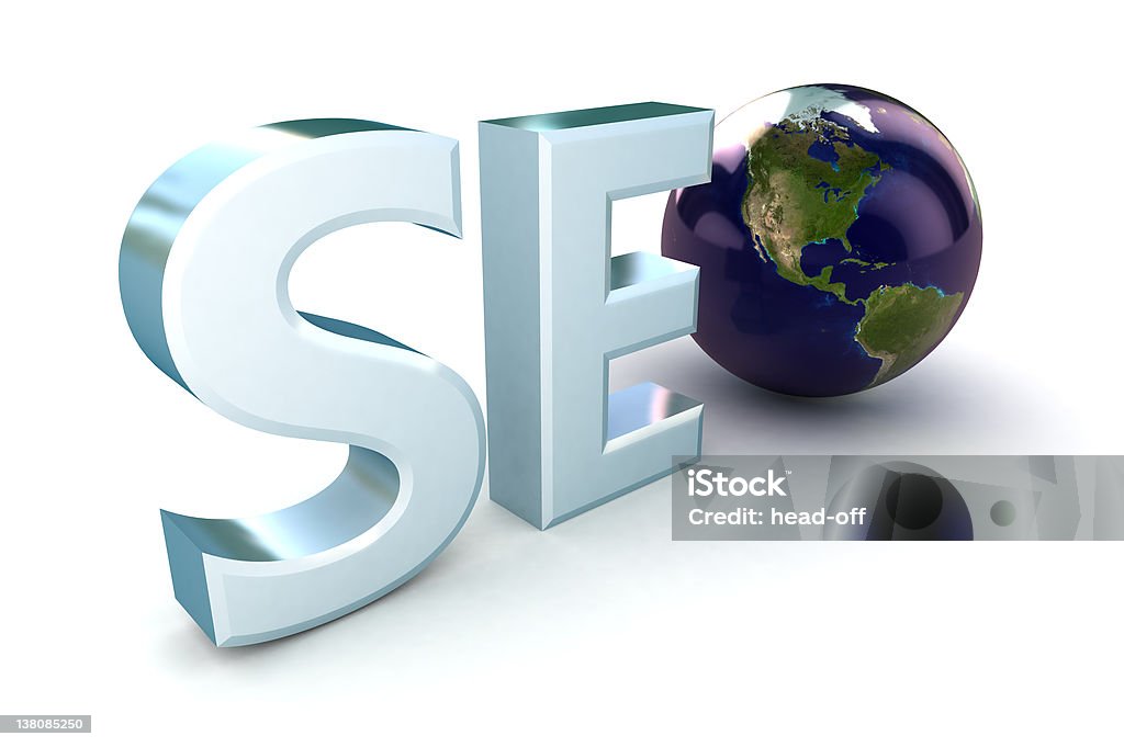 SEO Globe USA 3d illustration of text 'SEO' with earth globe,   Blue Stock Photo