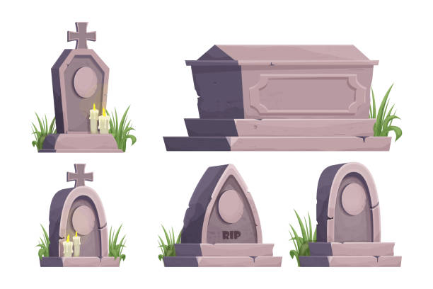 ilustrações de stock, clip art, desenhos animados e ícones de set stone grave, memorial in cartoon style isolated on white background. funeral, cemetery object. afterlife monument. vector illustration - celtic cross celtic culture tombstone death