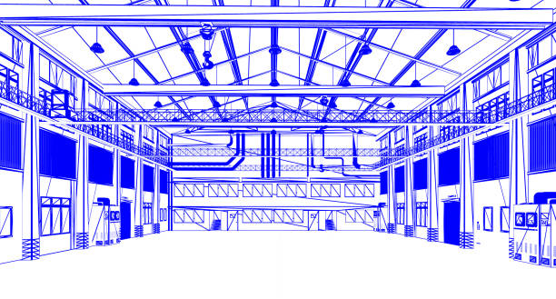 empty factory interior - vehicle interior contemporary ceiling diagram imagens e fotografias de stock