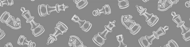 Hand drawn chess seamless pattern Hand drawn chess pieces seamless pattern. Check mate figures on gray background. Vector illustration. three dimensional chess stock illustrations