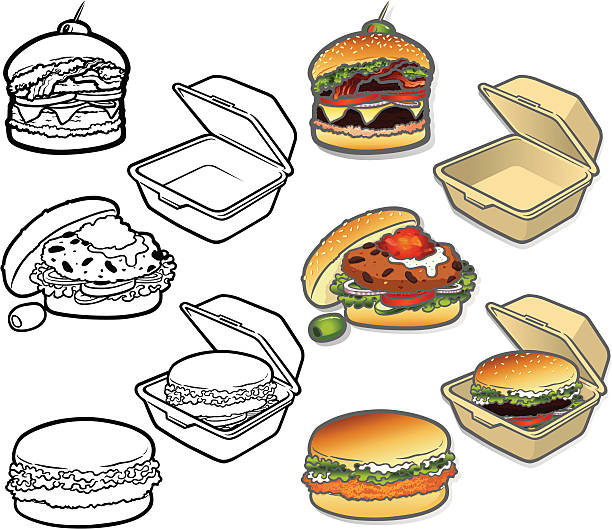 Gourmet Burger Icons Selection of delicious vector icon illustrations on a fast food theme. easy to edit layers included, why not visit my portfolio… polystyrene box stock illustrations