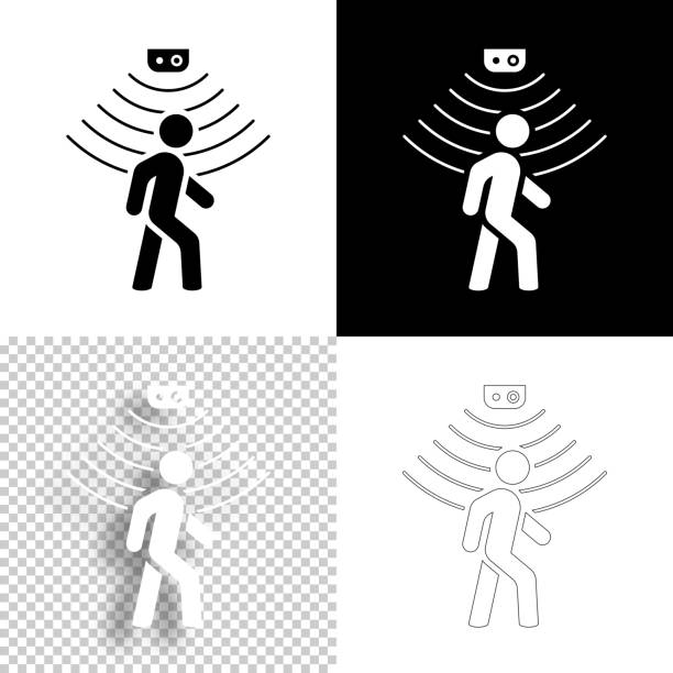 ilustraciones, imágenes clip art, dibujos animados e iconos de stock de sensor de movimiento. icono para el diseño. fondos en blanco, blancos y negros - icono de línea - infrarrojo