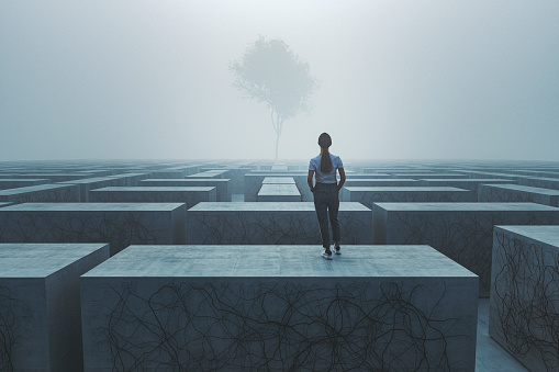 Young woman standing in fantasy maze- this is entirely 3D generated image.