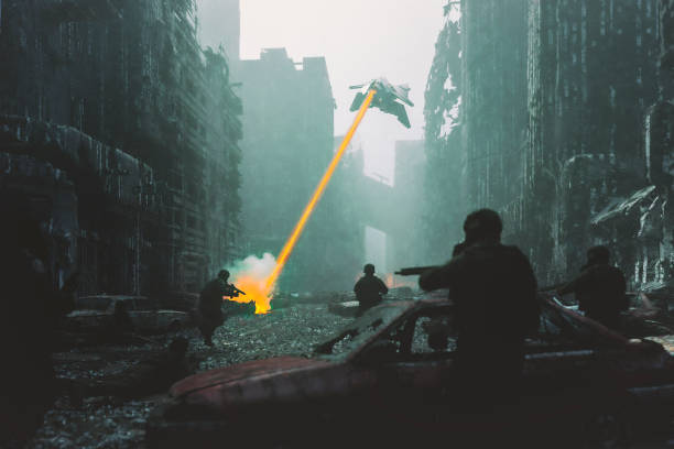 ufo sparando ai soldati nella città distrutta - ultimate fighting foto e immagini stock