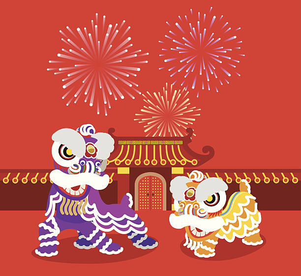 illustrazioni stock, clip art, cartoni animati e icone di tendenza di danza del leone cinese - lion dance