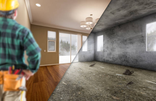 Contractor Facing Newly Remodeled and Raw Unfinished Room of House. Contractor Facing Newly Remodeled and Raw Unfinished Room of House. renovation photos stock pictures, royalty-free photos & images