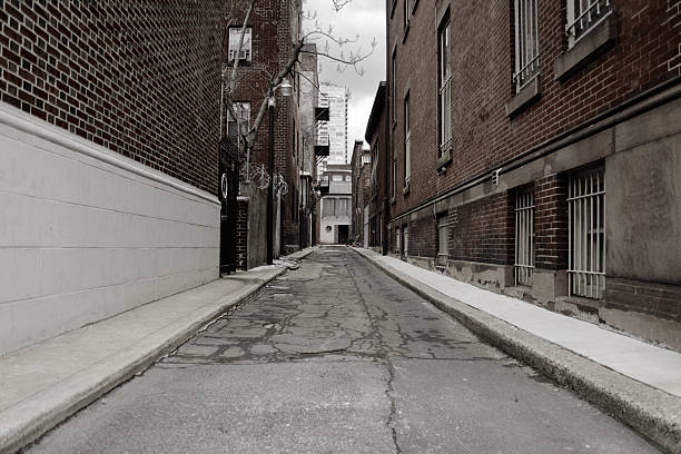 Long Dreary Alley A decrepit back alley in Philadelphia, PA. seedy alley stock pictures, royalty-free photos & images