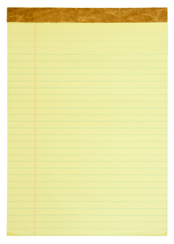 Yellow lined legal notepad, with clipping path.