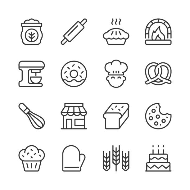 Bakery Icons — Monoline Series Vector line icon set appropriate for web and print applications. Designed in 48 x 48 pixel square with 2px editable stroke. Pixel perfect. donuts stock illustrations